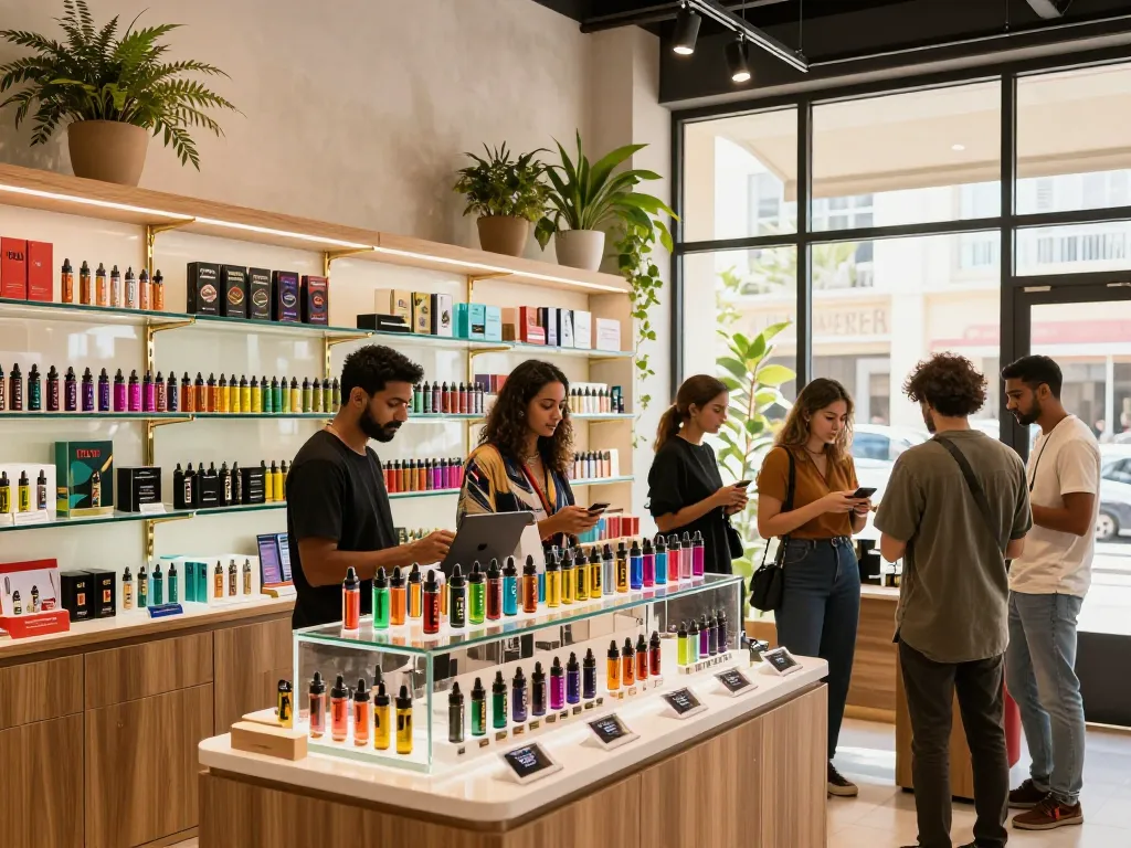 MDMA for sale in Dubai, featuring a vibrant urban cannabis retail scene with customers exploring THC vapes.