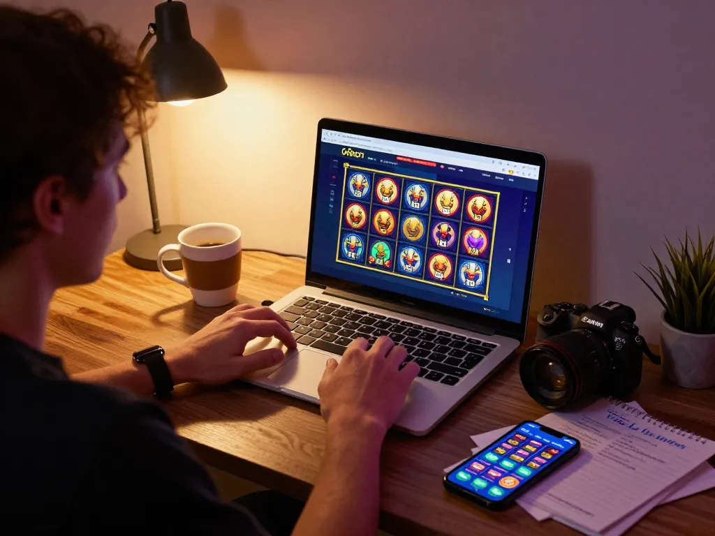 Engaging player using a laptop on a link gacor site with vibrant slot game interface and strategic notes nearby