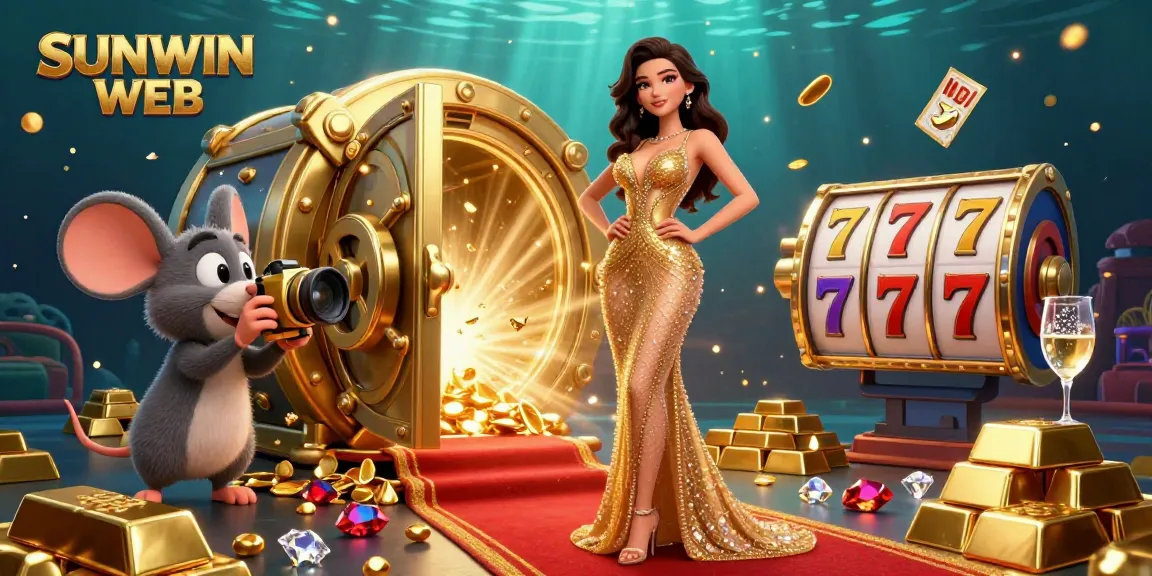 Experience the thrill of the SUNWIN WEB casino with a stunning woman surrounded by dazzling gold elements and slot reels.