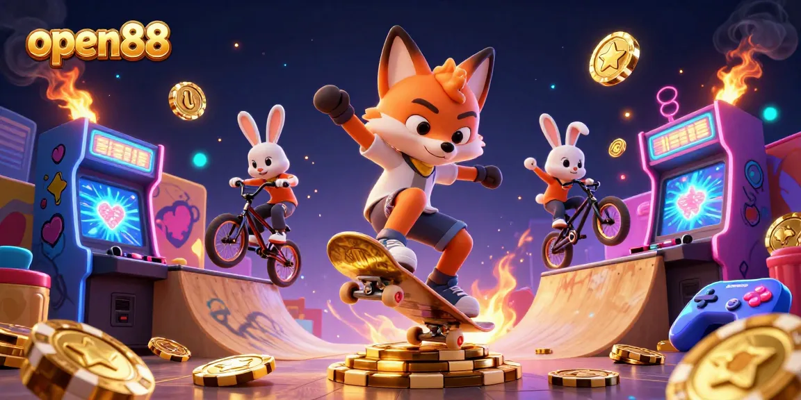 Experience the excitement of open88 with a dynamic cartoon scene featuring gaming elements and characters.