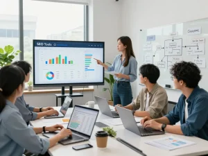 Team collaborating using group buy SEO tools in a modern office.