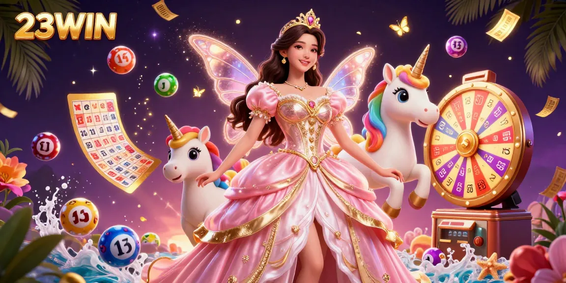 Experience the excitement of 23WIN with dynamic lottery elements and a whimsical scene featuring a glamorous Asian woman and a magical unicorn.