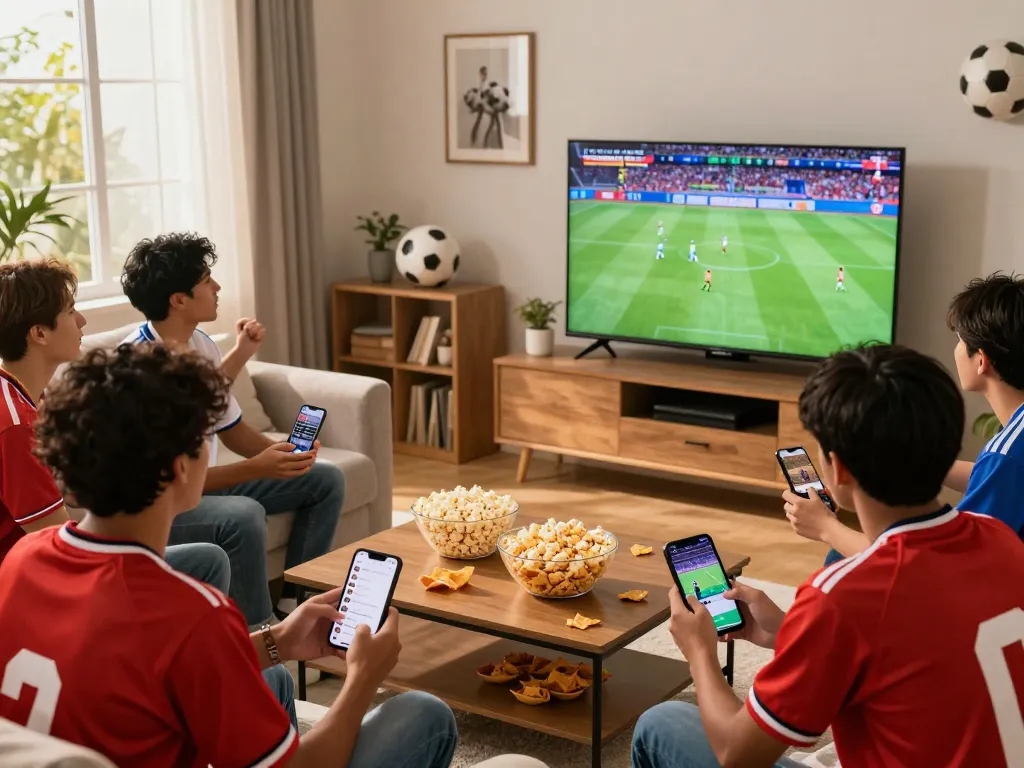 Fans enjoying a live match on lương sơn tv in a cozy living room with snacks and jerseys.