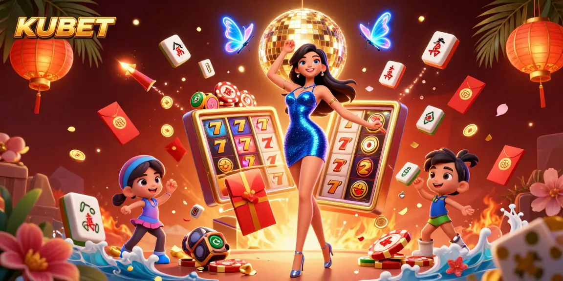 KUBET's dynamic gameplay illustrated with a glamorous dancer, slot reels, and vibrant casino elements.