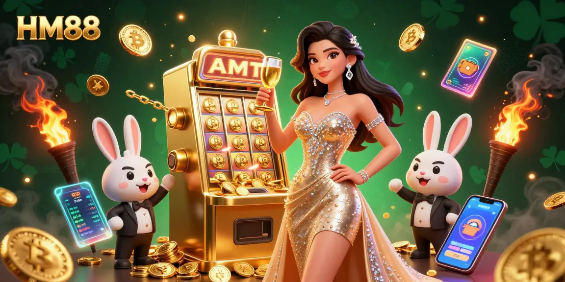 Engage with HM88 by winning big at the festive casino featuring a glamorous woman and jackpot machine.
