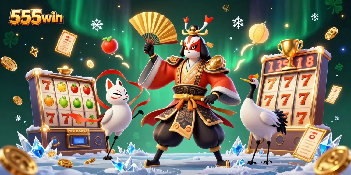 Experience thrilling jackpots with 555win's vibrant casino scene featuring dynamic slot elements and enchanting characters.