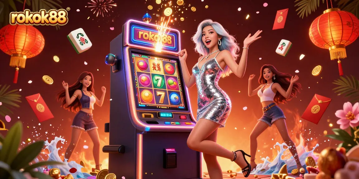 Experience vibrant celebrations and jackpot wins at rokok88, showcased by excited players and dynamic casino elements.