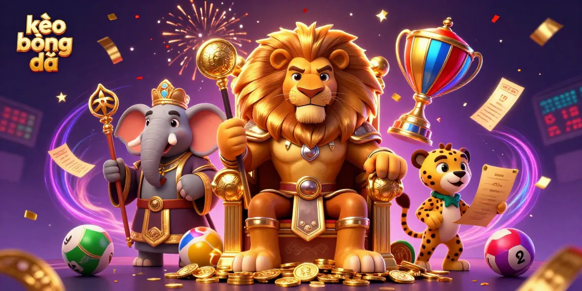 Bet on kèo bóng đá with a dynamic 3D cartoon scene of a lion king, elephant advisor, and cheetah messenger amidst vibrant betting elements.