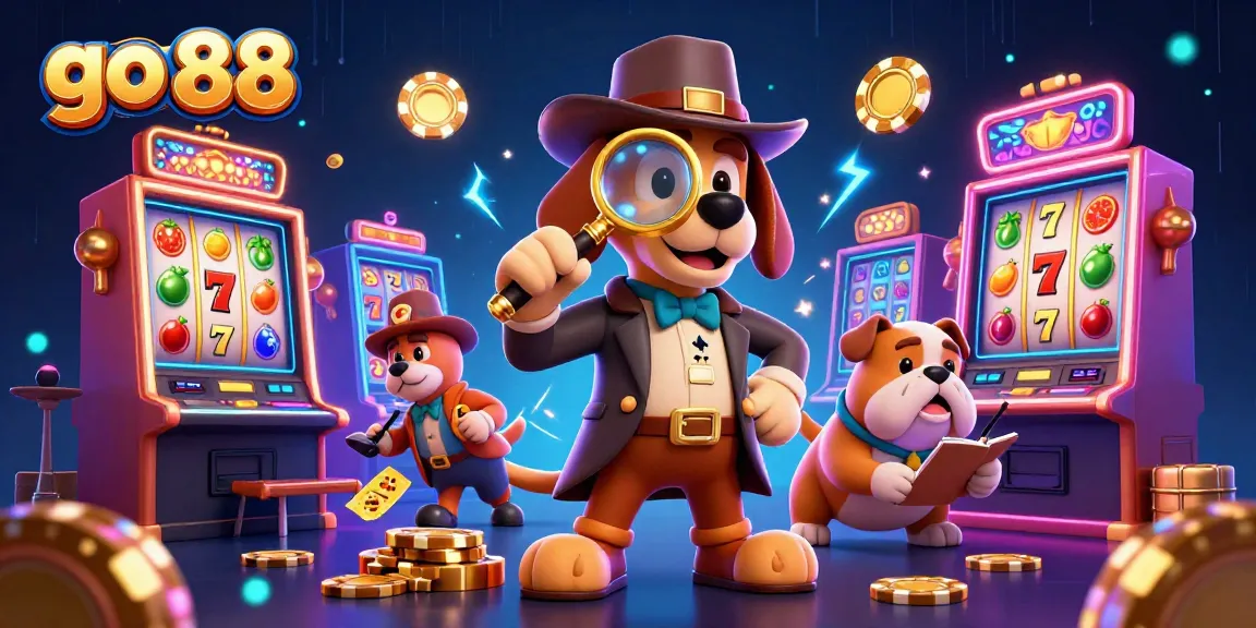 Engage with go 88 as the detective bloodhound examines a poker chip clue amidst vibrant slot machine elements.