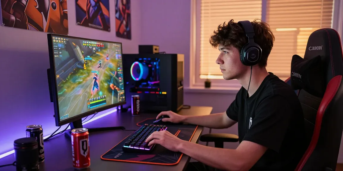 Intense gamer engaged in Overwatch 2 Cheats session, showcasing high-tech gaming setup with colorful RGB lighting and immersive atmosphere.