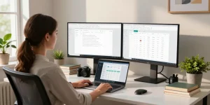 Download WPS Office in a modern home office workspace with dual monitors, sleek design, and productivity elements.