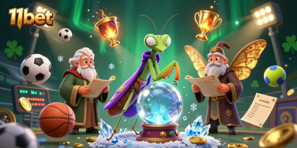 Experience thrilling gaming with 11bet as cartoon fortune tellers interact with vibrant sports elements.
