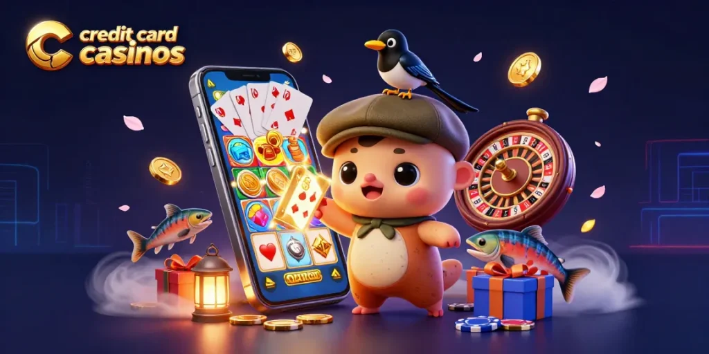 Engage with credit card casinos featuring a lively scene of Nessie, a magpie, and playful salmon.