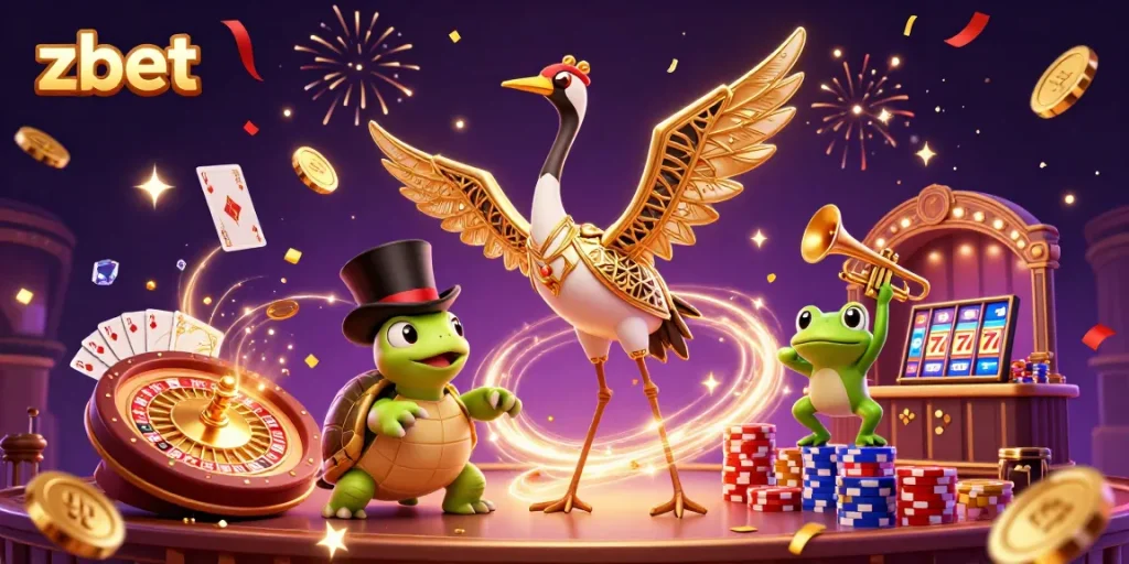Zbet showcases excitement with a 3D illustration featuring vibrant characters enjoying casino games and rich gambling elements.