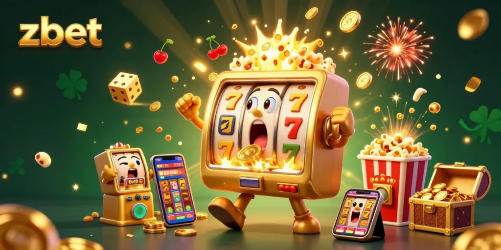 Zbet celebrates wins with a vibrant scene featuring golden slot machines and overflowing coins.