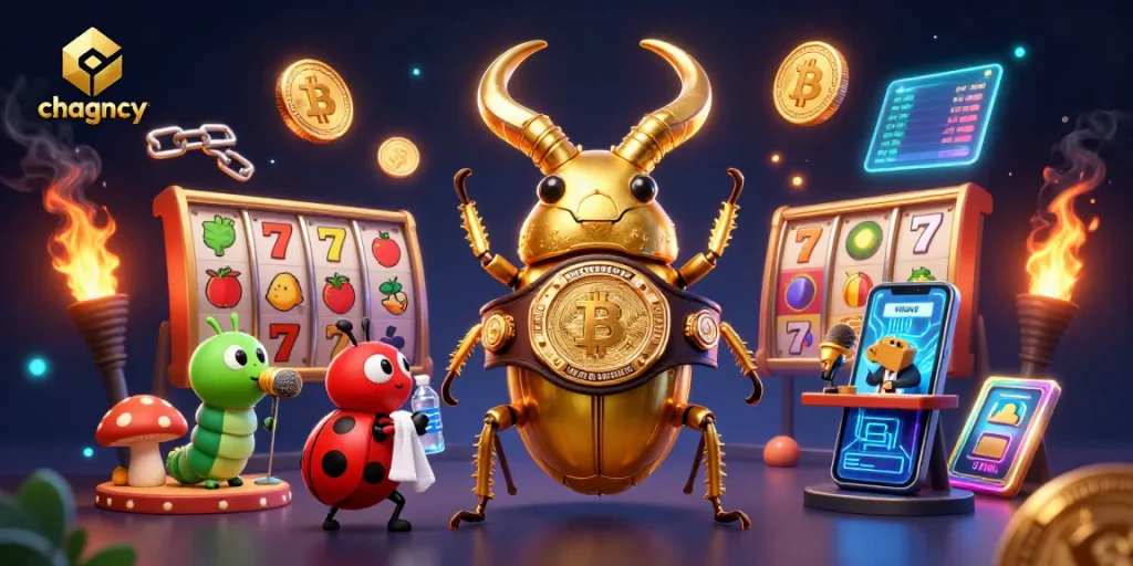 Experience the excitement of bonus buy slots with chagency's colorful 3D illustration featuring a golden stag beetle and vibrant casino elements.
