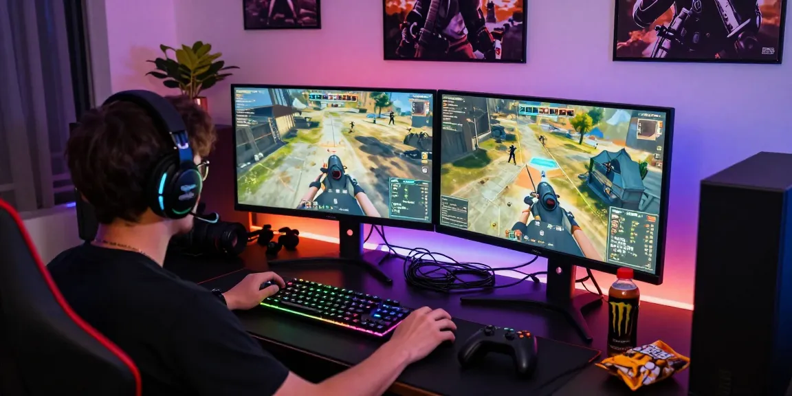 ArmA 3 Cheats gaming setup with dual monitors, RGB lighting, and immersive atmosphere.