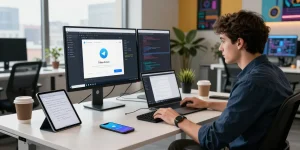 Telegram Download showcased in a dynamic workspace with a developer troubleshooting code on a desktop.