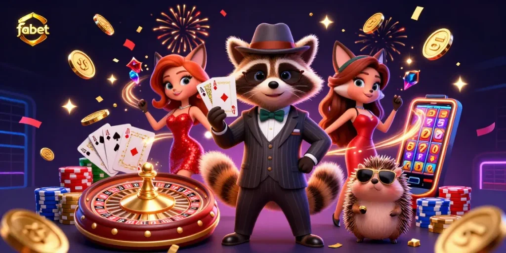 Join fabet's casino excitement as charming characters showcase a royal flush and celebrate winnings.