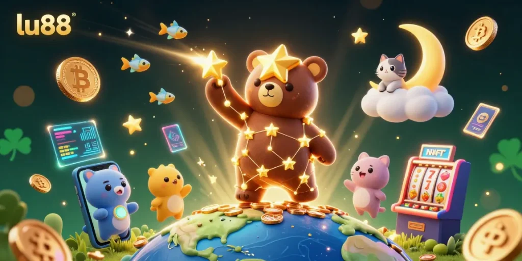 lu88 captures exciting slot game action with a constellation bear and crypto elements.