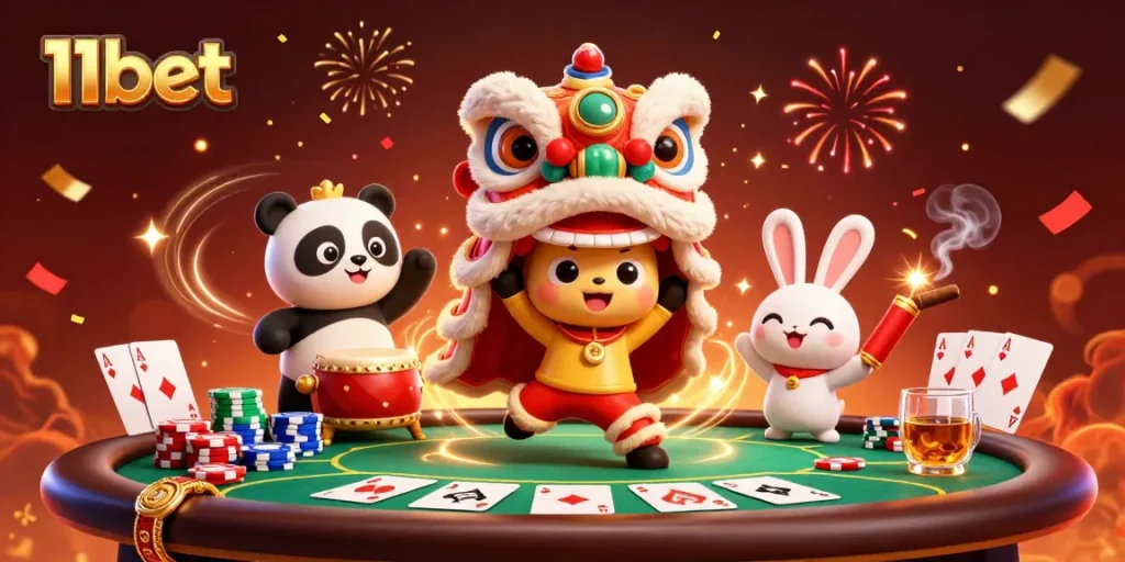 Engage in the festivities with 11bet's vibrant casino-themed 3D illustration featuring lively characters.