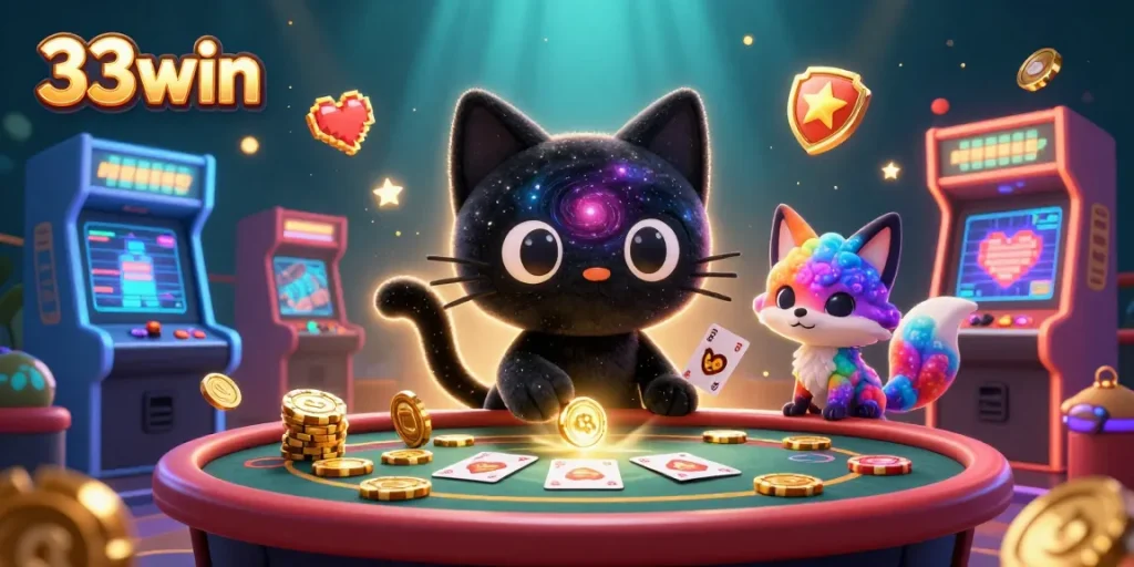 Experience the excitement of 33win casino with a cosmic black hole cat and colorful gaming elements.