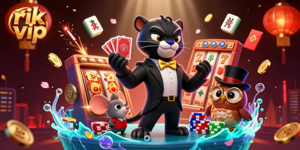 Join the excitement at rik vip where a stylish panther, an owl, and a lucky mouse deal cards and play!