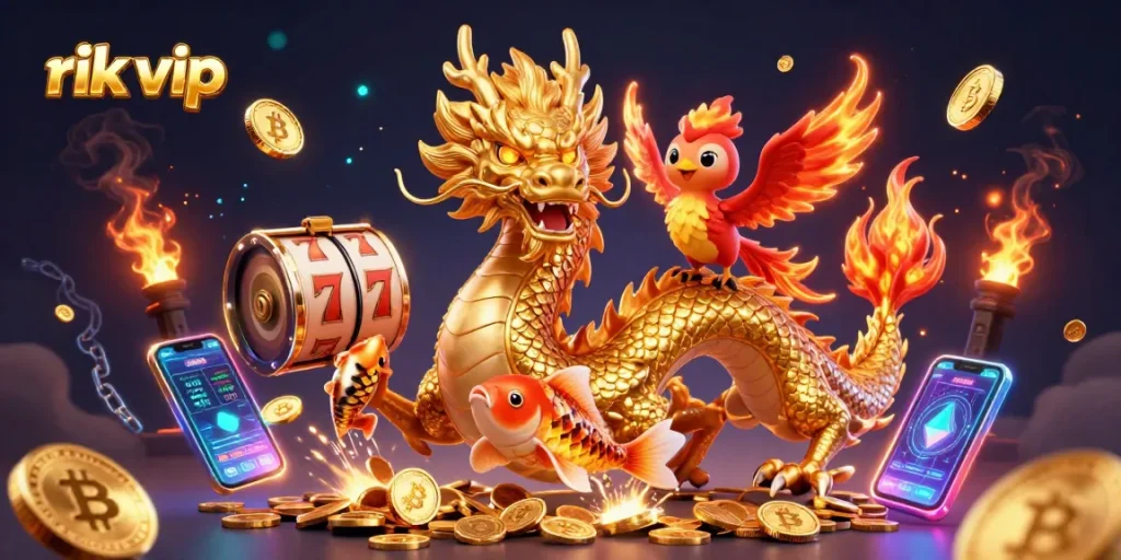 Play lucky games with rik vip in this vibrant casino illustration featuring exciting characters and gold coins.