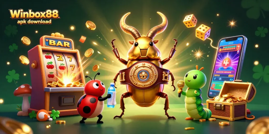 Winbox88 apk download for mobile casino access, featuring a vibrant illustration of gaming characters.