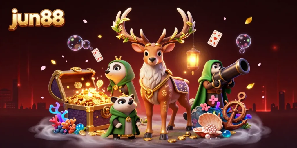jun88 players engage in exciting games with treasures and mystical elements in this vibrant scene.