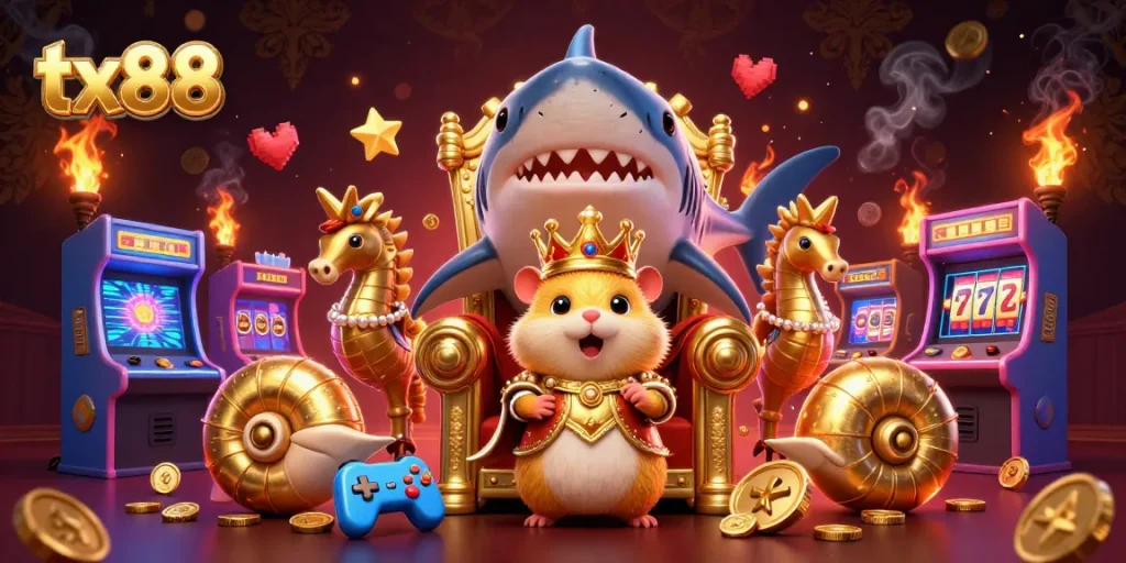 Witness the majestic tx88 golden hamster king surrounded by vibrant casino elements.