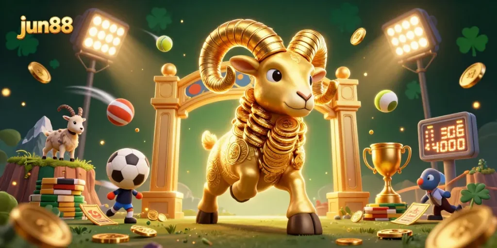 Experience thrilling wins at jun88 with a dynamic casino scene featuring golden ram and sports elements.