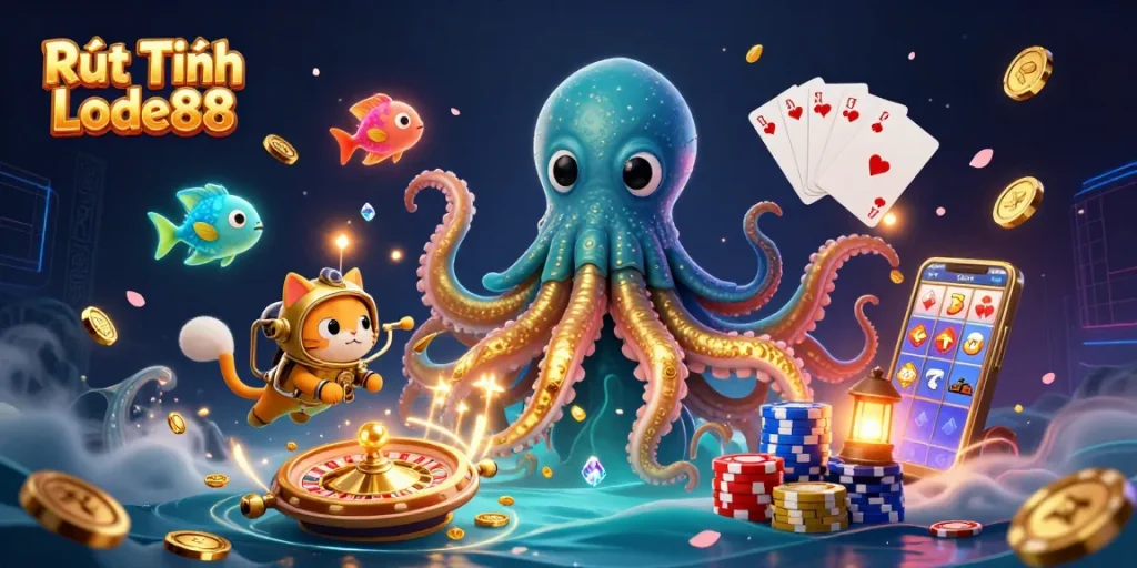 Experience Rút Tiền Lode88 with a thrilling underwater scene featuring a kraken and diving cat.