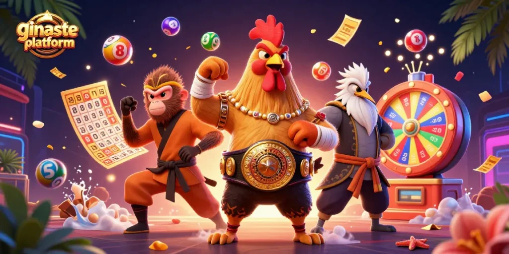 Engage with the ginaste platform featuring vibrant characters and dynamic lottery elements.