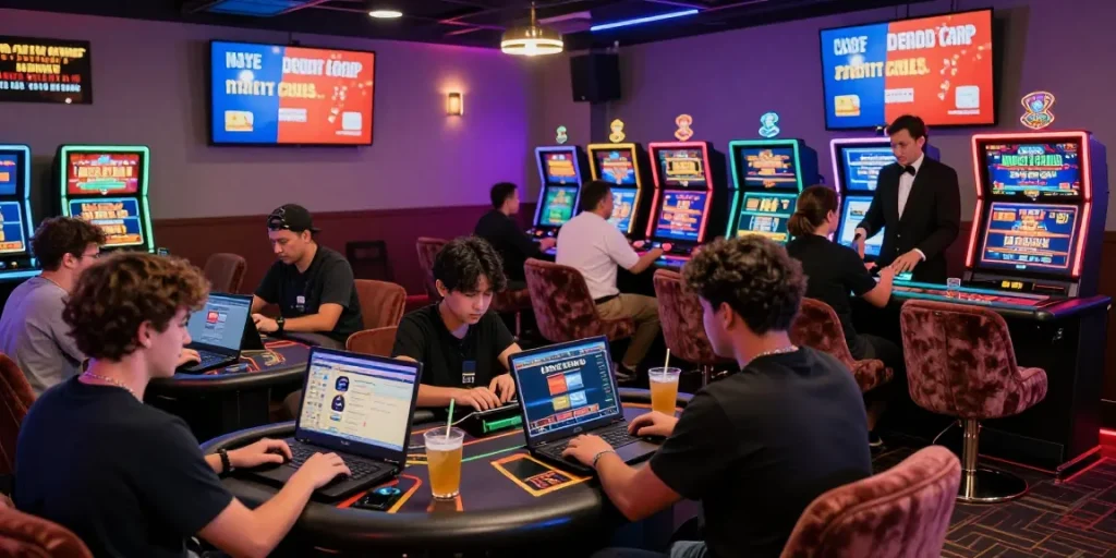 Players enjoying games at casinos that accept credit cards in a vibrant casino setting with modern technology.