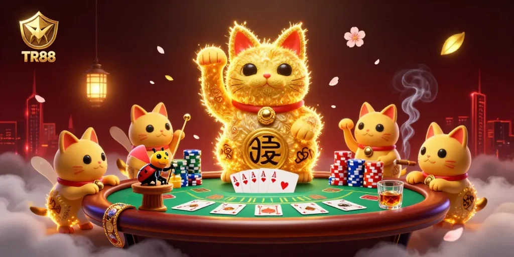 Experience TR88 with a vibrant 3D illustration of a lucky cat and casino elements in an electrifying scene.