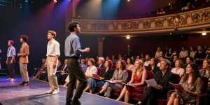 Engaging theatre performance scene with actors in vibrant costumes captivating an audience at rokok88.