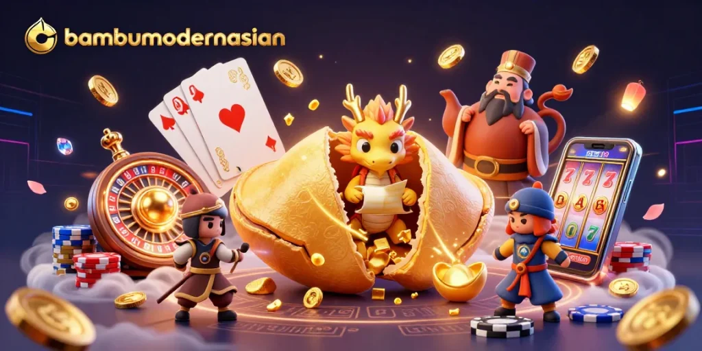 bambumodernasian showcases animated casino excitement with a vibrant illustration of a fortune cookie and dragon.